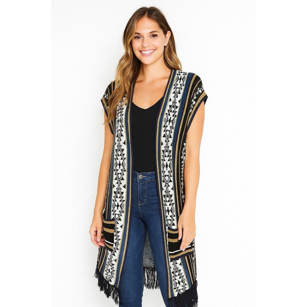 Sleeveless Kimono Overpiece Size Xs/S Fringed Aztec Western Festival Sweater